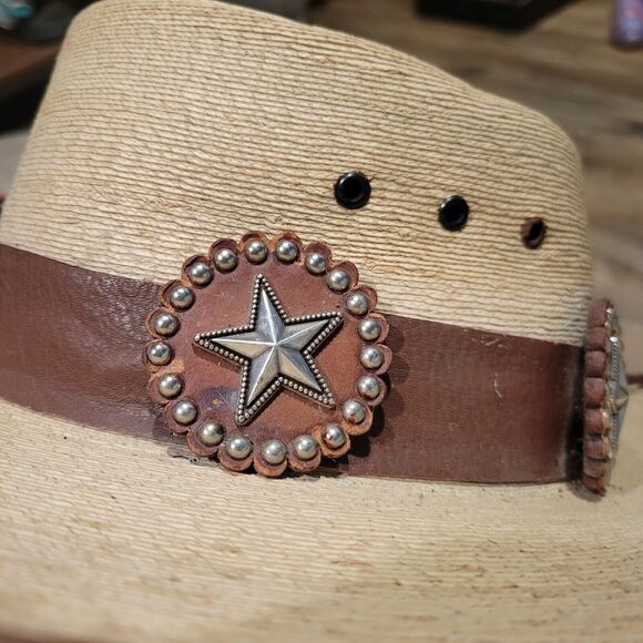 Red Star Riggings Palm Leaf Straw Hat Sz 7-1/8 Brown Leather Band Star Western - Picture 11 of 13